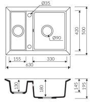 Marmorin CIRE 630 Metalik Siyah P_Z_016_50_0630_3f2322 Granit Evye 1,5 Gözlü Damlalıksız - 2