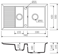 Marmorin CIRE 940 Metalik Siyah P_Z_016_51_0940_b9a192 Granit Evye 1,5 Gözlü Damlalıklı - 2